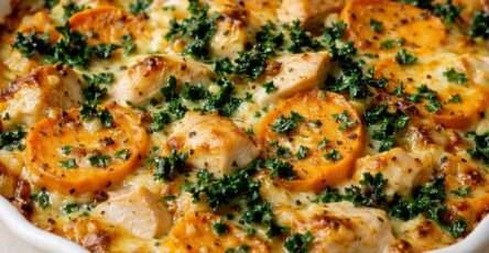Gratin léger au kale, patate douce et poulet doré au four avec texture crémeuse et légumes visibles dans un plat.