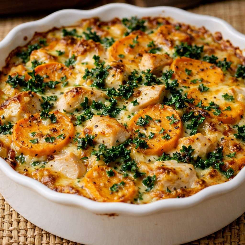 Gratin léger au kale, patate douce et poulet doré au four avec texture crémeuse et légumes visibles dans un plat.