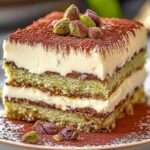 tiramisu à la pistache crémeux avec couche de mascarpone à la pistache, biscuits imbibés de café et pistaches concassées sur le dessus