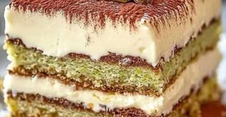 tiramisu à la pistache crémeux avec couche de mascarpone à la pistache, biscuits imbibés de café et pistaches concassées sur le dessus