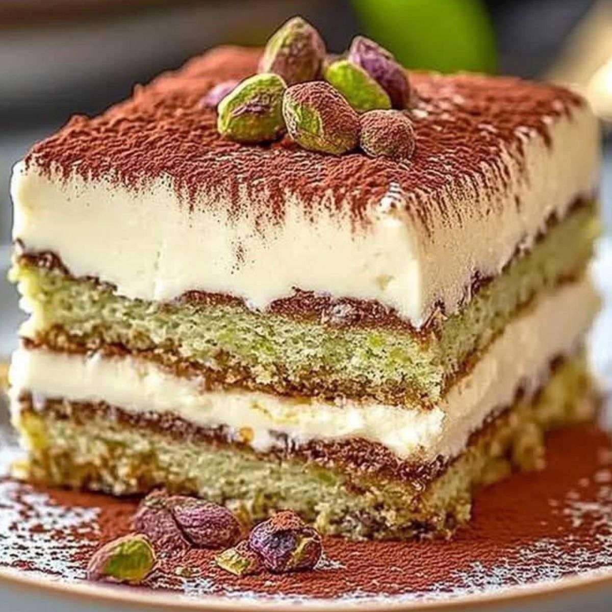 tiramisu à la pistache crémeux avec couche de mascarpone à la pistache, biscuits imbibés de café et pistaches concassées sur le dessus
