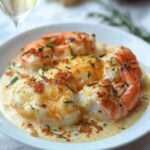 crevettes dorées dans une sauce crémeuse à l’ail et parmesan légèrement gratinée avec persil frais dans une poêle