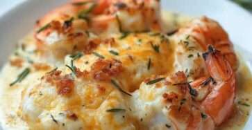 crevettes dorées dans une sauce crémeuse à l’ail et parmesan légèrement gratinée avec persil frais dans une poêle