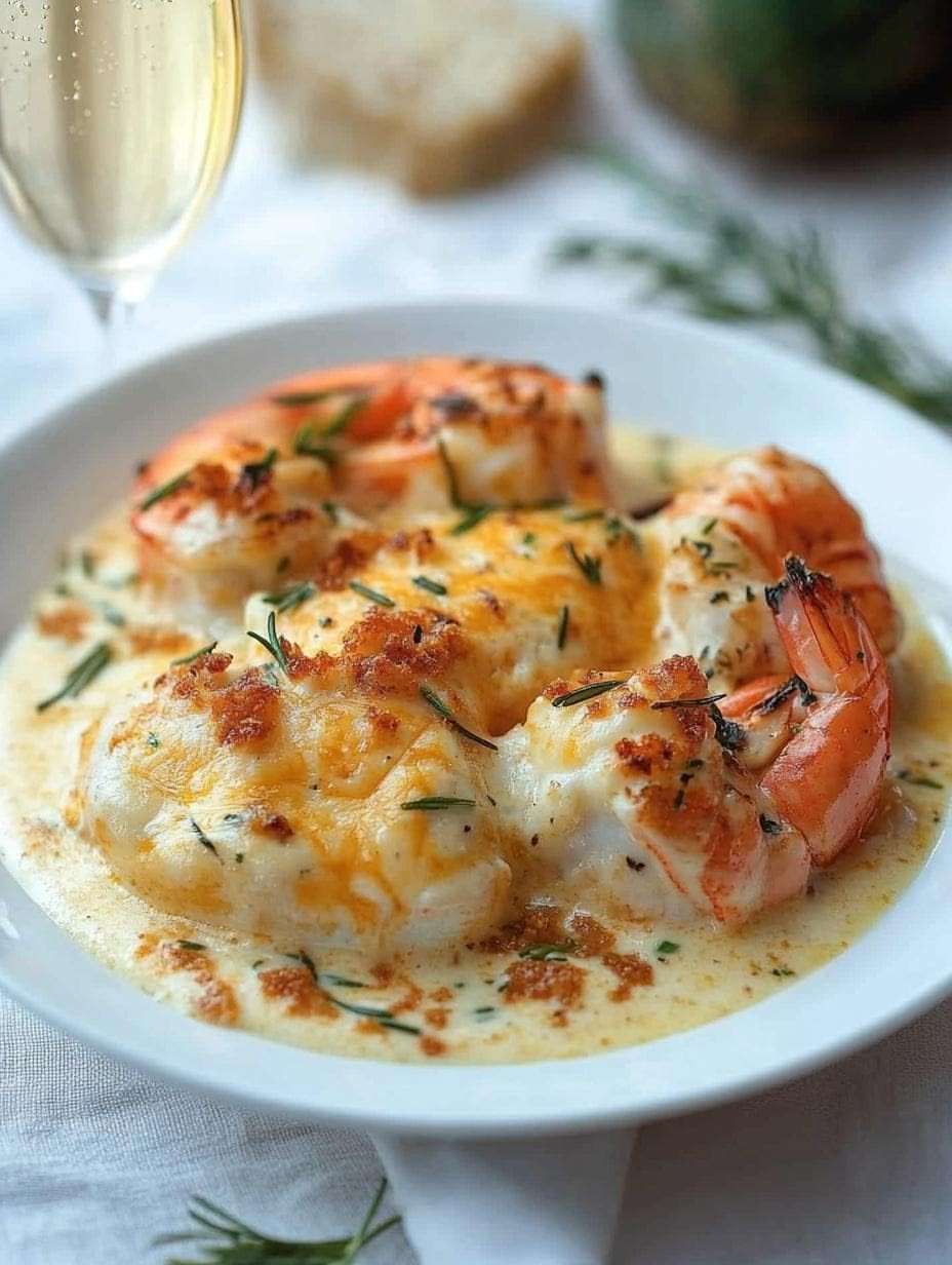 crevettes dorées dans une sauce crémeuse à l’ail et parmesan légèrement gratinée avec persil frais dans une poêle