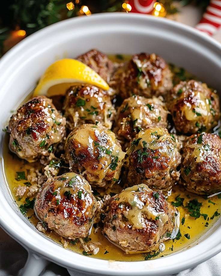 boulettes de dinde dorées au four nappées d’une sauce citronnée au beurre avec persil frais dans une assiette