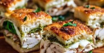 mini sandwichs focaccia garnis de poulet, pesto, mozzarella fondante et jeunes pousses d’épinards coupés en petits carrés