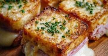 petits croques croustillants au jambon et fromage dorés à la poêle avec persil frais