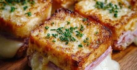 petits croques croustillants au jambon et fromage dorés à la poêle avec persil frais