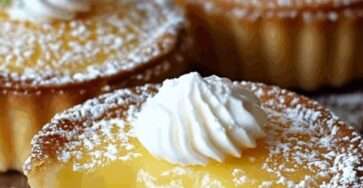 petites tartes au citron avec pâte sablée dorée garnies de crème citron fondante et saupoudrées de sucre glace