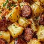 Plat de pommes de terre rôties au four avec rondelles de saucisses fumées dorées, oignons fondants, fromage gratiné et persil frais, servi bien chaud dans un plat rustique.