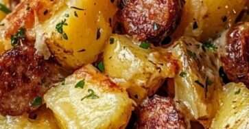 Plat de pommes de terre rôties au four avec rondelles de saucisses fumées dorées, oignons fondants, fromage gratiné et persil frais, servi bien chaud dans un plat rustique.