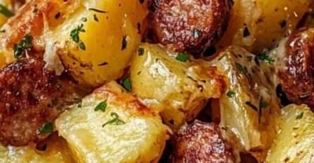 Plat de pommes de terre rôties au four avec rondelles de saucisses fumées dorées, oignons fondants, fromage gratiné et persil frais, servi bien chaud dans un plat rustique.