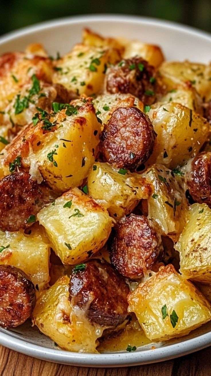 Plat de pommes de terre rôties au four avec rondelles de saucisses fumées dorées, oignons fondants, fromage gratiné et persil frais, servi bien chaud dans un plat rustique.
