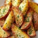 Quartiers de pommes de terre rôtis au four avec parmesan doré, herbes aromatiques, persil frais et bords croustillants, servis chauds sur un plat rustique.