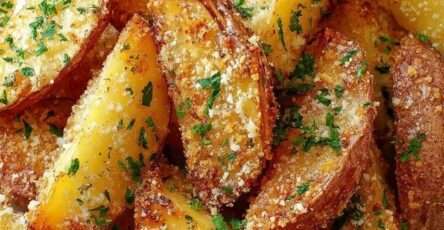 Quartiers de pommes de terre rôtis au four avec parmesan doré, herbes aromatiques, persil frais et bords croustillants, servis chauds sur un plat rustique.