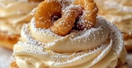 Paris-Brest maison en couronne de pâte à choux dorée garnie de crème pralinée onctueuse, croustillant praliné et sucre glace, décoré de noisettes caramélisées.