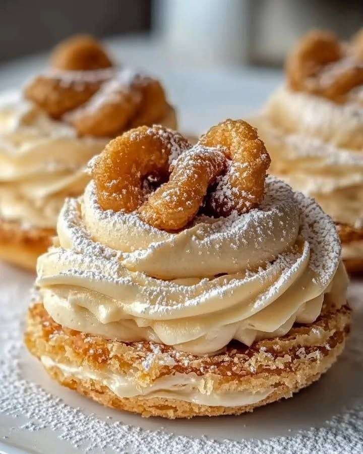 Paris-Brest maison en couronne de pâte à choux dorée garnie de crème pralinée onctueuse, croustillant praliné et sucre glace, décoré de noisettes caramélisées.
