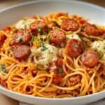 Assiette de Spaghetti à la saucisse nappés de sauce tomate maison avec rondelles de saucisses dorées, fromage fondu et persil frais, servis dans une assiette rustique.