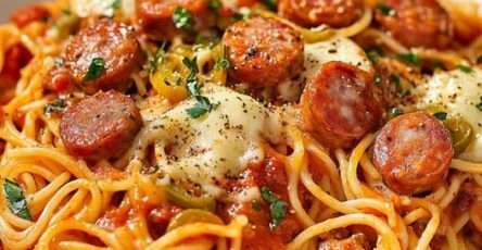 Assiette de Spaghetti à la saucisse nappés de sauce tomate maison avec rondelles de saucisses dorées, fromage fondu et persil frais, servis dans une assiette rustique.