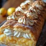 Dessert feuilleté citron meringué avec pâte feuilletée croustillante, crème citron onctueuse, chantilly légère et meringue dorée au chalumeau.