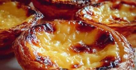 Pastéis de nata portugais dorés avec pâte feuilletée croustillante et crème vanillée légèrement caramélisée, saupoudrés de sucre glace et cannelle.