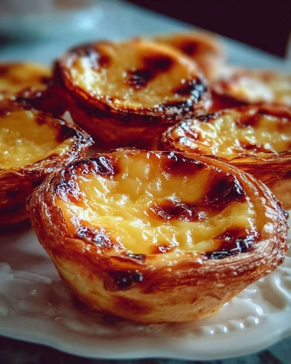 Pastéis de nata portugais dorés avec pâte feuilletée croustillante et crème vanillée légèrement caramélisée, saupoudrés de sucre glace et cannelle.