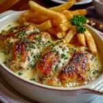 Cassolettes de poulet au Maroilles gratinées au four, servies bien chaudes avec des frites maison dorées et croustillantes, persil frais par-dessus.