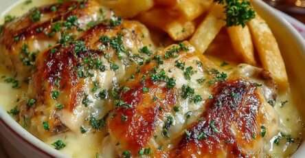 Cassolettes de poulet au Maroilles gratinées au four, servies bien chaudes avec des frites maison dorées et croustillantes, persil frais par-dessus.