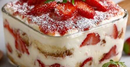 Tiramisu aux fraises sans cuisson servi dans un plat familial, avec couches de biscuits imbibés, crème mascarpone onctueuse, morceaux de fraises fraîches et sucre glace.
