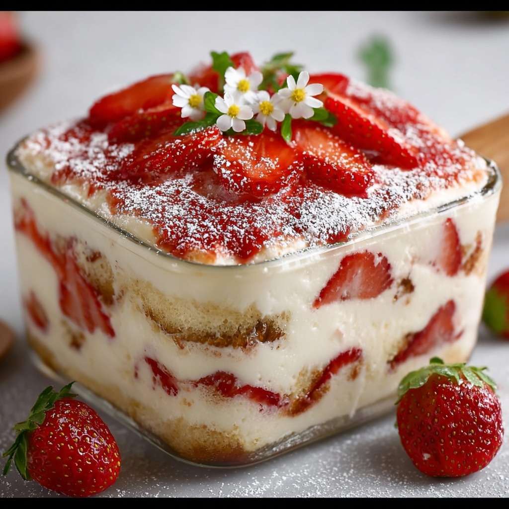 Tiramisu aux fraises sans cuisson servi dans un plat familial, avec couches de biscuits imbibés, crème mascarpone onctueuse, morceaux de fraises fraîches et sucre glace.