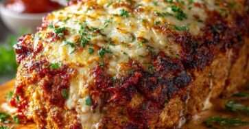 Pain de viande italien au parmesan gratiné, nappé de sauce tomate et recouvert de mozzarella fondue, servi en tranches avec herbes fraîches.