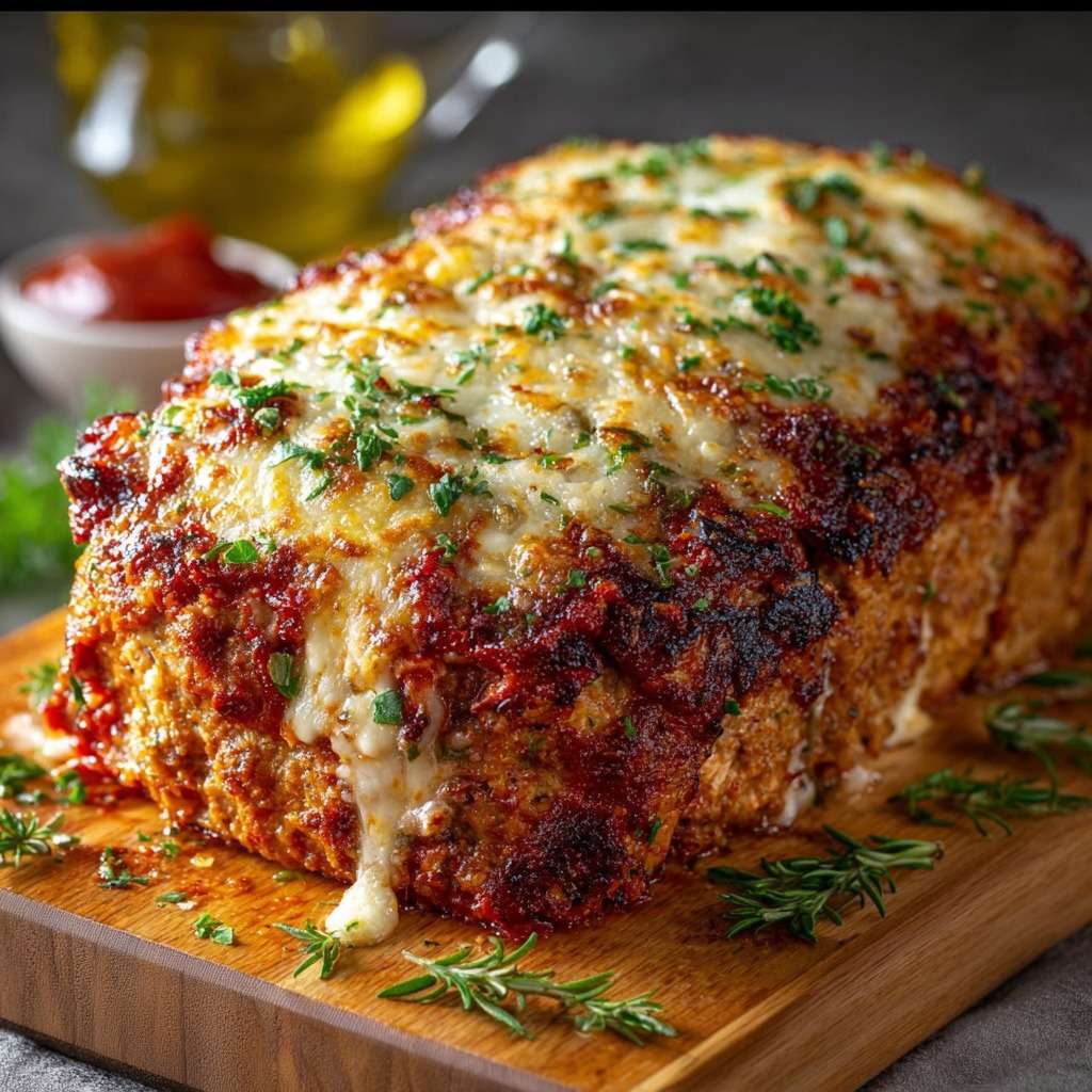 Pain de viande italien au parmesan gratiné, nappé de sauce tomate et recouvert de mozzarella fondue, servi en tranches avec herbes fraîches.