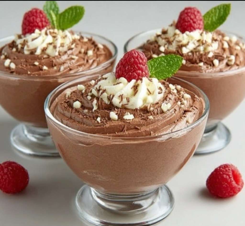 Mousse mascarpone au chocolat servie en verrine, texture aérienne et crémeuse, décorée de framboises fraîches, copeaux de chocolat et feuille de menthe.