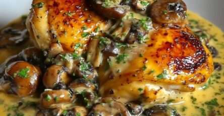 Poulet au Porto et champignons servi dans une poêle avec sauce crémeuse brillante, champignons fondants et persil frais.