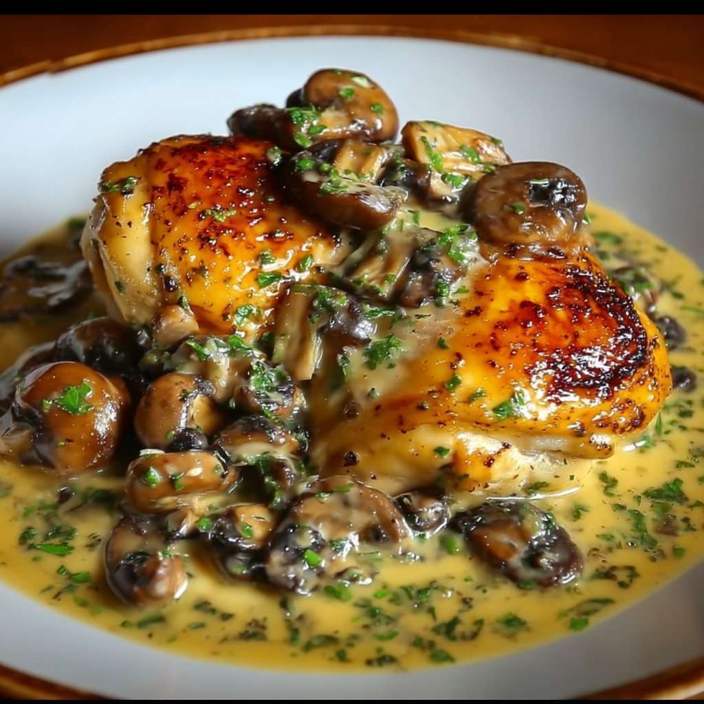 Poulet au Porto et champignons servi dans une poêle avec sauce crémeuse brillante, champignons fondants et persil frais.