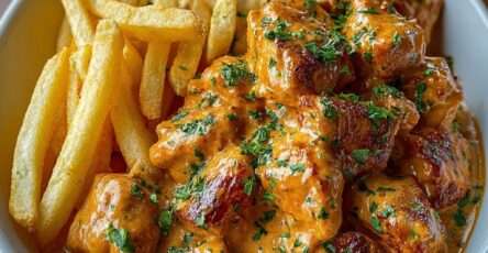 Bouchées de poulet dorées au beurre nappées de sauce crémeuse, servies avec des frites maison croustillantes et du persil frais.