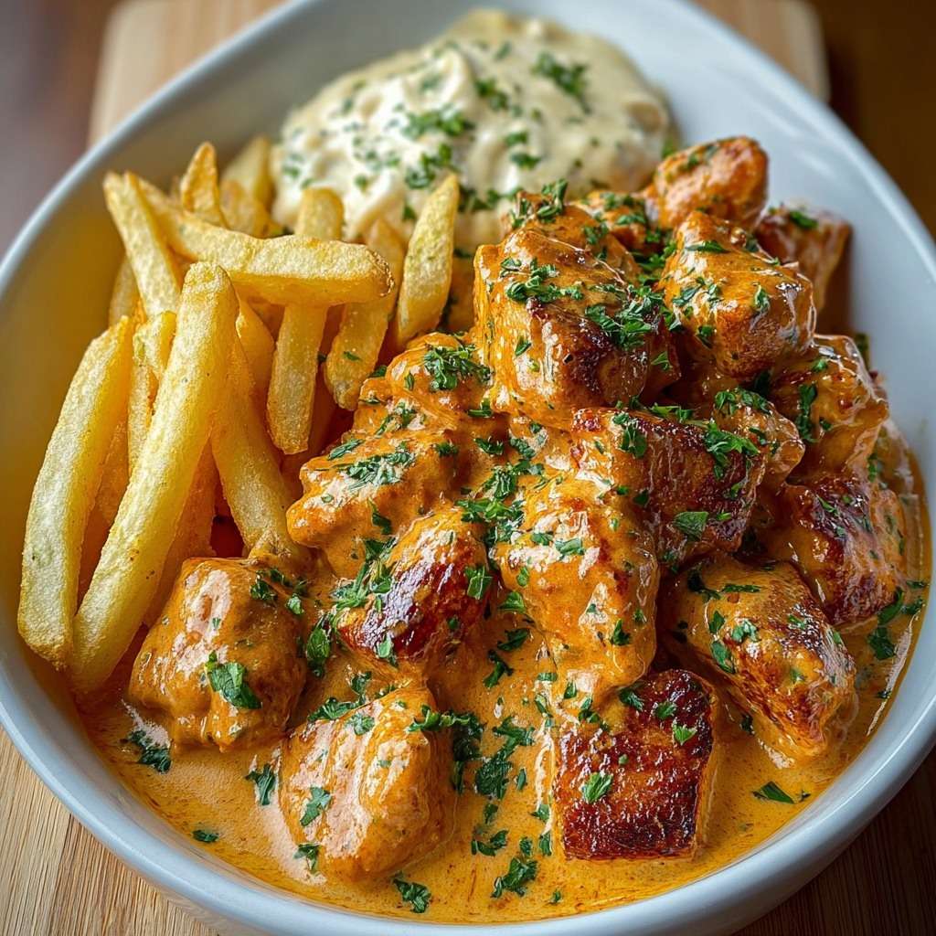 Bouchées de poulet dorées au beurre nappées de sauce crémeuse, servies avec des frites maison croustillantes et du persil frais.