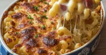 Gratin de pâtes jambon fromage doré au four avec croûte gratinée et fromage fondant, servi dans un plat familial avec persil frais.