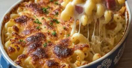 Gratin de pâtes jambon fromage doré au four avec croûte gratinée et fromage fondant, servi dans un plat familial avec persil frais.