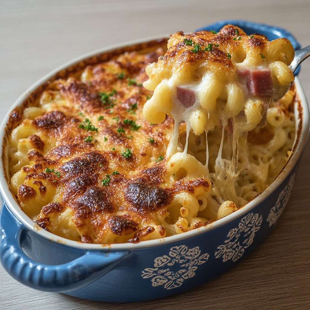Gratin de pâtes jambon fromage doré au four avec croûte gratinée et fromage fondant, servi dans un plat familial avec persil frais.
