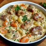 Blanquette de veau à l’ancienne servie dans une cocotte, avec morceaux de veau tendres, carottes, champignons, sauce crémeuse et persil frais.