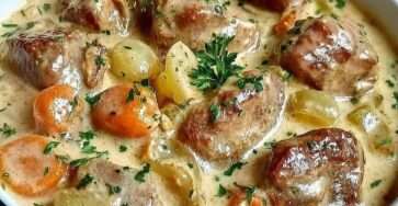 Blanquette de veau à l’ancienne servie dans une cocotte, avec morceaux de veau tendres, carottes, champignons, sauce crémeuse et persil frais.