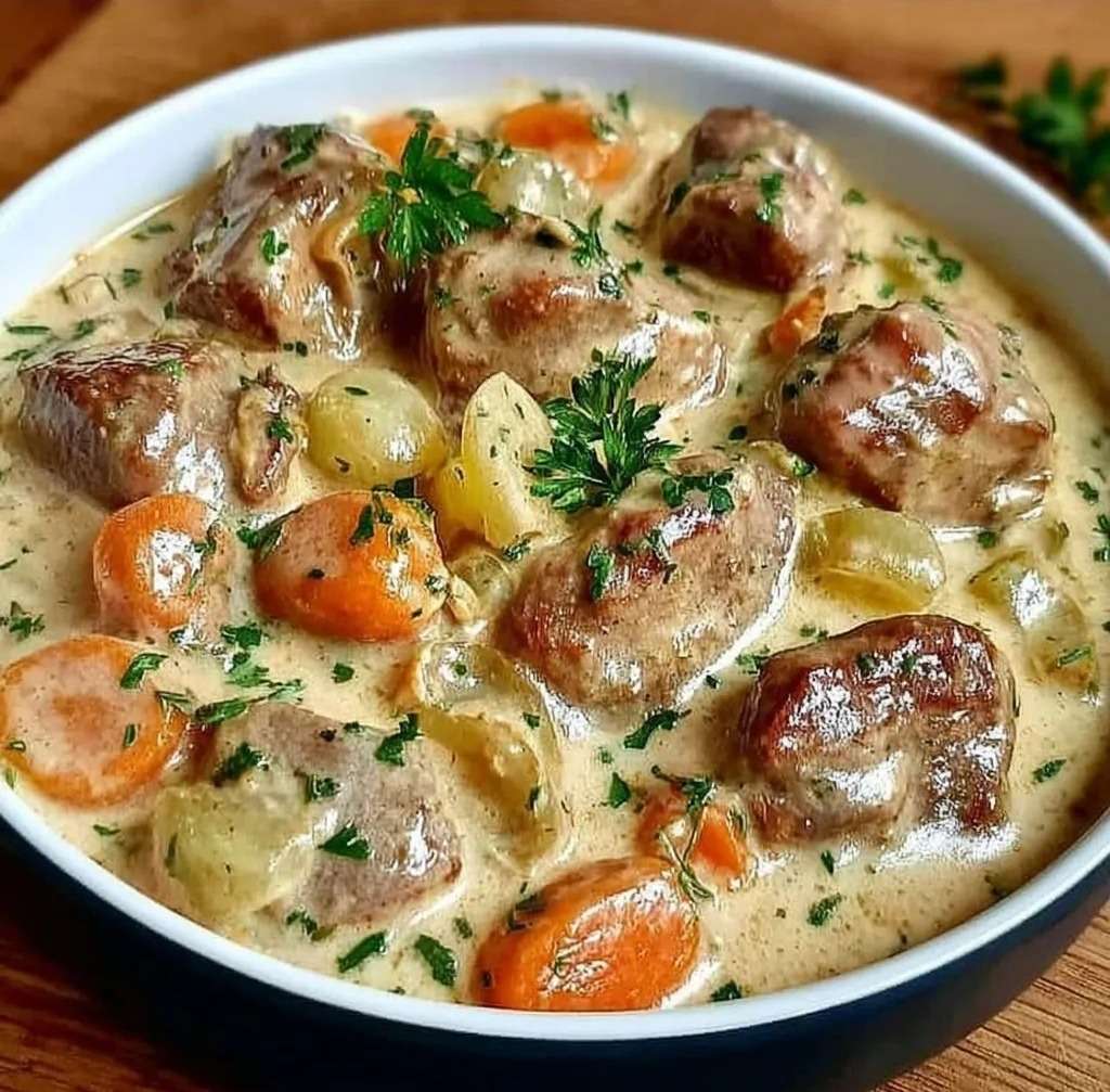 Blanquette de veau à l’ancienne servie dans une cocotte, avec morceaux de veau tendres, carottes, champignons, sauce crémeuse et persil frais.