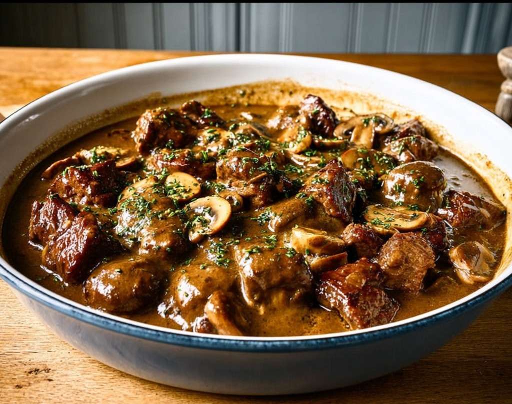 Joue de bœuf mijotée aux champignons servie dans une cocotte, avec morceaux de viande fondants, carottes, sauce brune brillante et persil frais.