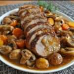 Filet mignon de porc tranché nappé de sauce brune avec champignons fondants et carottes, servi chaud avec persil frais.