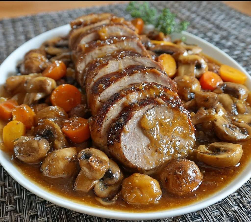 Filet mignon de porc tranché nappé de sauce brune avec champignons fondants et carottes, servi chaud avec persil frais.