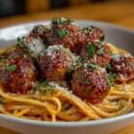 Assiette de spaghetti aux boulettes nappées de sauce tomate maison, avec parmesan râpé et persil frais, servie chaude.