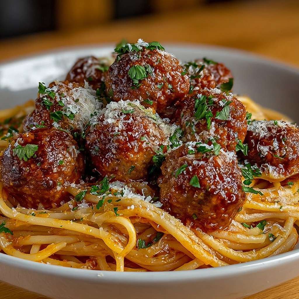 Assiette de spaghetti aux boulettes nappées de sauce tomate maison, avec parmesan râpé et persil frais, servie chaude.