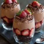 Verrines de mousse au chocolat avec fraises fraîches et base biscuitée croquante, décorées de copeaux de chocolat.