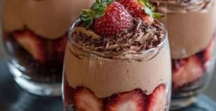 Verrines de mousse au chocolat avec fraises fraîches et base biscuitée croquante, décorées de copeaux de chocolat.
